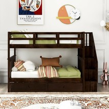 Stairway Twin-Over-Twin Bunk Bed with Twin size Trundle for Bedroom - Es... - $604.27