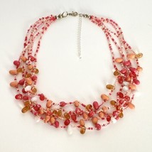 Fun &amp; Funky Pink Peach White Glass Beads 5-Strand Beaded Necklace 18”-20” - £11.76 GBP