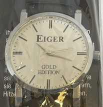 Quality Men&#39;s Wristwatch With Black Faux Leather Band By Eiger Gold Edition - $17.54