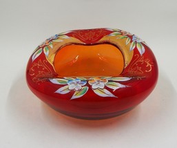 Bohemian Glass Cranberry Hand-Painted Flowers Trinket Bowl Dish Ashtray Gold - £15.97 GBP