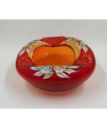 Bohemian Glass Cranberry Hand-Painted Flowers Trinket Bowl Dish Ashtray ... - £14.94 GBP