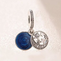 925 Silver Vintage Night Sky Moon Stars Dangle Charm with Midnight Blue Enamel  - £12.57 GBP