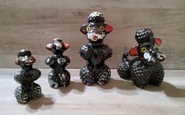 Vintage MCM Japan Black White Red Ears Poodle Dog Redware Glass Figurines 4pc  - £47.53 GBP