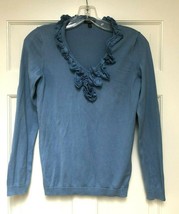 New Talbots XS Pretty Medium Blue Silk/Cotton Blend Ruffled V Neck Sweater Top - £27.68 GBP