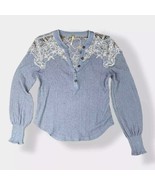 Free People Easy Breezy Appliqué Henley Top Blue Size XS - £13.71 GBP