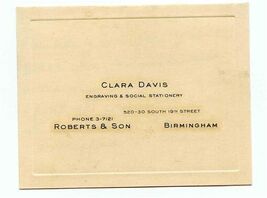 Clara Davis Hand Written Note on Engraved Card Roberts &amp; Son Birmingham ... - $13.86