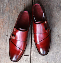 Handmade Men Burgundy WingTip Leather Double Monk Strap Shoes, Men Designer Shoe - £116.61 GBP+
