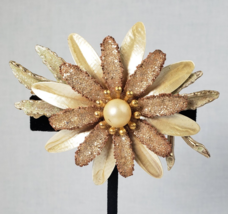1960s Glitzy Faux Pearl Gold Tone Daisy Cream Enamel Metal Signed MCM Br... - $25.73