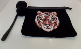 Unbranded Sparkling Tiger With Black Pom Poms Wristlet Clutch Make Up Bag - $14.85