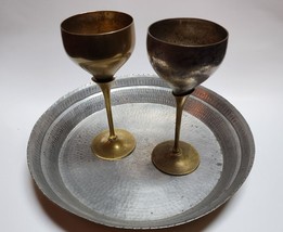 Vintage brass wine goblets with hammered brass dish - $24.19