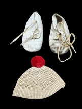 Antique Doll Baby Hat Shoes White Knit Leather Beanie - $335.51 MXN