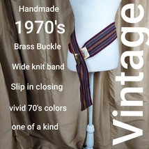Vintage Handmade 1970&#39;s Brass Buckle Knit Waist Belt - £19.93 GBP