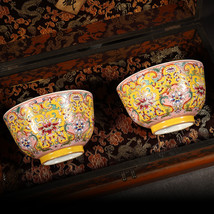 Pair Qing Dy Enamel Porcelain Bowls w Hardwood Lacquerware Box - $999.00