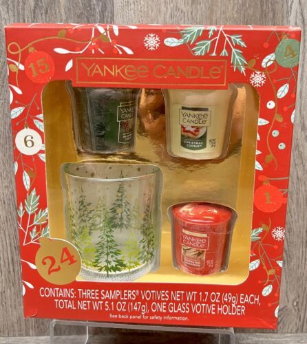 Yankee Candle Christmas Tree Glass Votive Candle Holder + 3 Candles Set - New - £10.08 GBP