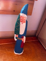 Tall Carved Blue Painted Wood Santa Claus Holding Green Christmas Tree &amp;... - $14.89