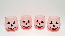 NEW Set of 4 Adorable Pink Halloween Jack O Lantern Face Stemless Wine Glasses  - £26.28 GBP