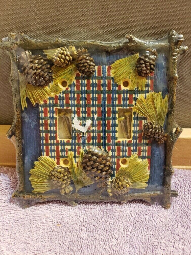 Double Toggle Lightswitch Light Switch Plate Pine Cone Lodge Blue Plaid Cabin - $4.95