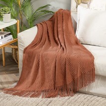 Knitted Throw Blanket For Couch Textured Knit Rust Blanket With Tassels Cozy Wov - £30.04 GBP