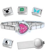Hot Pink Heart Italian Charm Watch Bracelet Plus Charm Tool &amp; Enamel Charms - $18.69