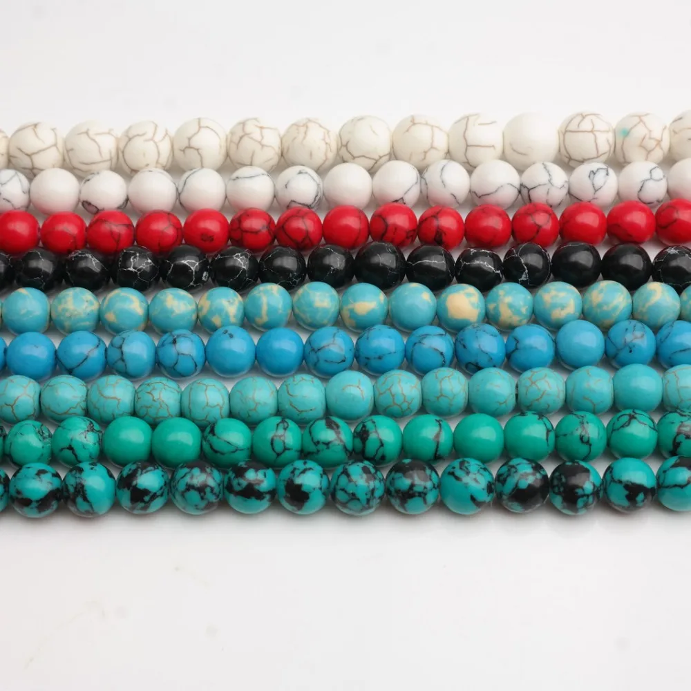 Smooth Natural Stone white Blue gules black Turquoises Round Loose Beads 15&quot; - £6.33 GBP