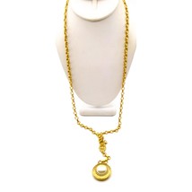 Vintage 1928 Pearl Locket Necklace, Gold Tone Book Chain with Circle Chased - $57.09