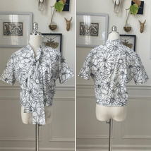 Vintage 70s Cropped Sketch Floral Black Grey Neck Tie Blouse S - $28.80