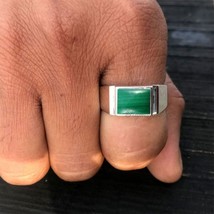 Tiny Malachite Signet Ring Handcrafted 925 Silver Jewelry Birthday Gift for Mens - £40.35 GBP