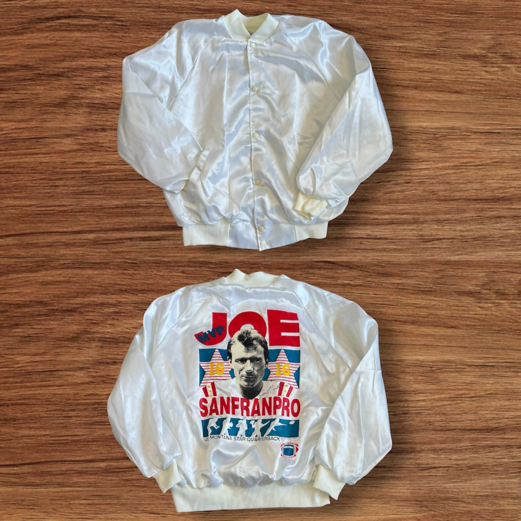 Vintage Joe Montana MVP Men’s Satin Windbreaker Jacket Sz L White Amante... - $39.55