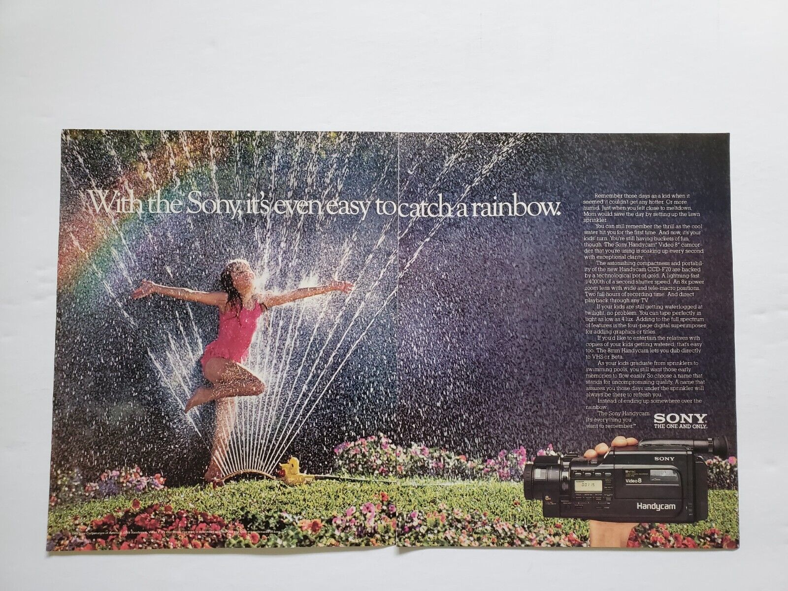 1989 Sony Handycam Two Page Vintage Print Ad Easy To Catch A Rainbow Summer Fun - $15.50
