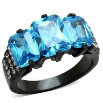 Emerald Cut Aqua Cocktail Ring Black Plated Stainless Steel TK316 - £19.98 GBP