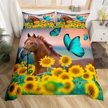 Horse Comforter Cover Yellow Sunflower Printed Bedding Set Twin Size Boys Girls  - £44.11 GBP