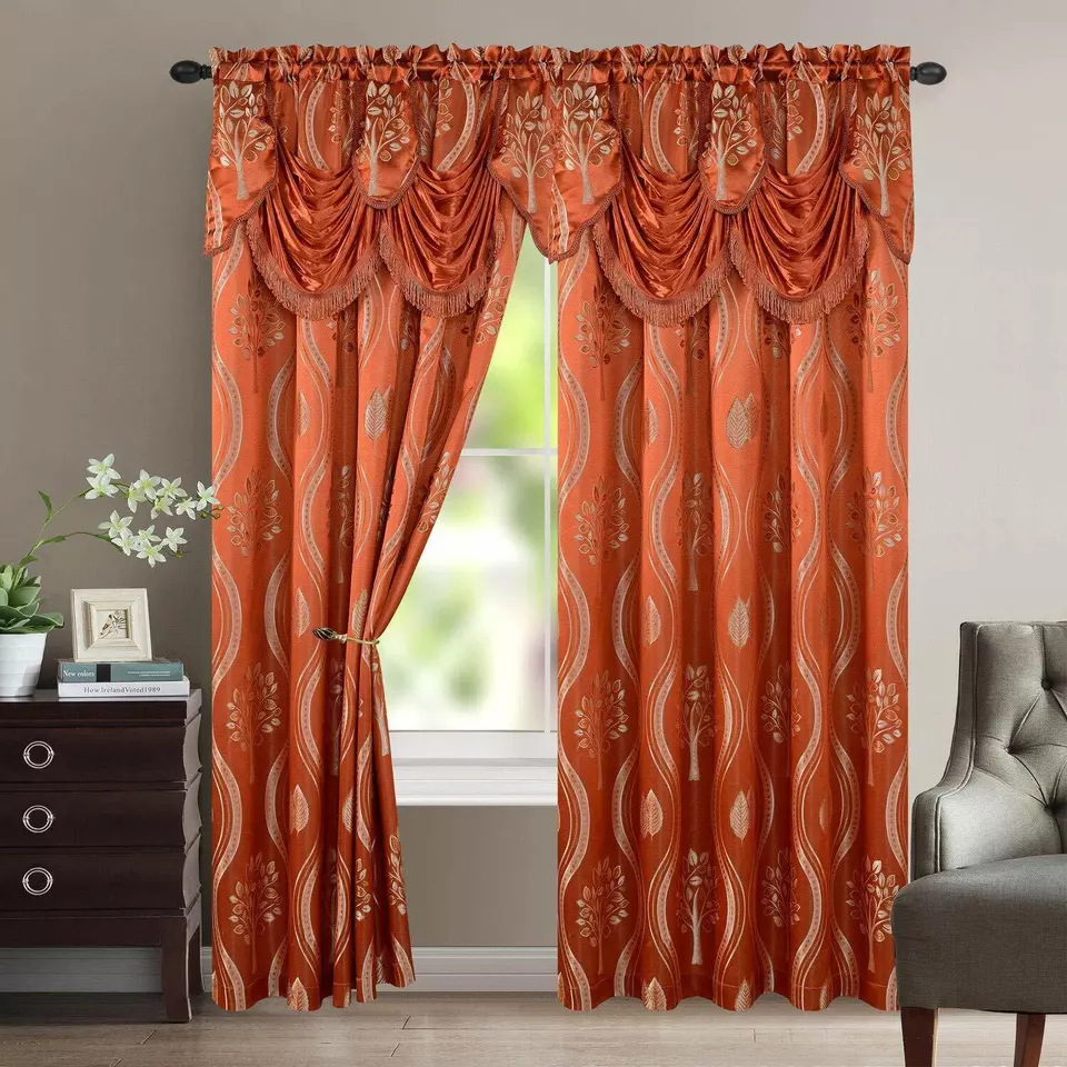 Set Of 2 Rust Aurora Jacquard Curtain Panels With Valance 84&quot; Long  - $71.99