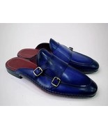 New Handmade Men Blue Leather Double Monk Strap slipper shoes, Office Sl... - $169.99