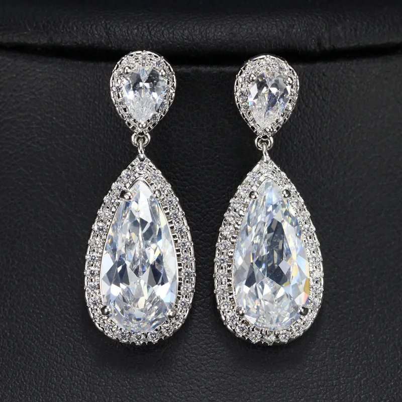 Classic Silver Color White Cubic Zirconia Crystal Long Tear Drop Dangle Earrings - £16.67 GBP