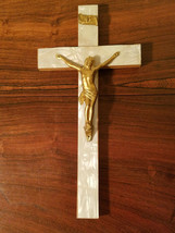 Vintage 12&quot; Wood and Gold Tone Metal Crucifix With Faux Mother of Pearl - £23.38 GBP