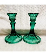 Vintage Indiana Glass Co. Paneled Teal Green 4 1/2&quot; Candlesticks  - $28.71