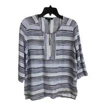 Ellen Tracy Women Shirt Adult Size Large Blue White Strips 3/4 Sleeve 100% Linen - £16.90 GBP