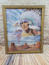 Native American Eagle Traditional Ethnic Man Headdress Framed Print Signed 22x18 - £21.54 GBP