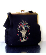 Art Deco Black Silk Purse Hand Embroidered Flowers Goswood Switzerland - $26.00