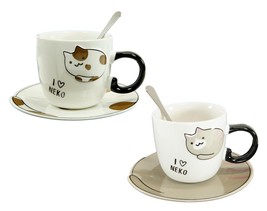 Pack Of 2 Brown And Calico Maneki Neko Cat Mugs 8oz With Saucer &amp; Notche... - $25.99