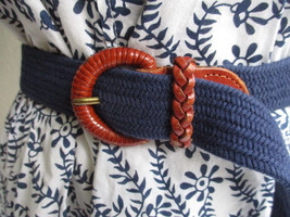 Talbots Womens Belt Blue Woven Stretch Genuine Leather Trim Size Small T... - $18.99