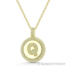 Initial Letter &quot;Q&quot; CZ Crystal 925 Sterling Silver 14k YG 20x15mm Circle Pendant - $27.08+