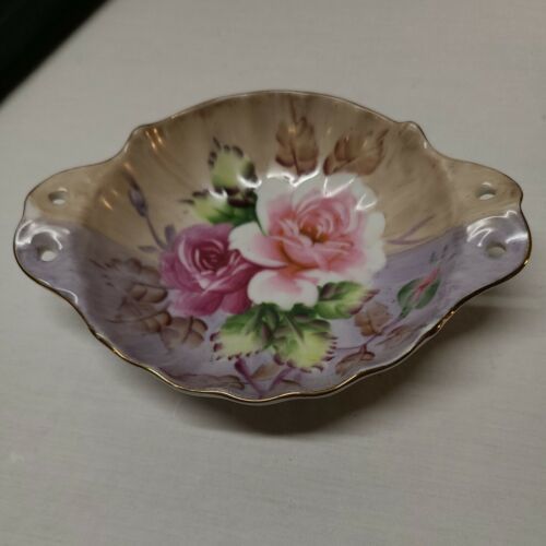 Lefton China Trinket Candy Nut Dish Hand Painted Roses Gold Trim Vintage - $10.36