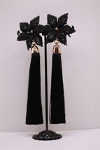 NIB Une Douce Black Beaded Tassel Flower Dangle Pierced Earrings 5&quot;  - £15.17 GBP