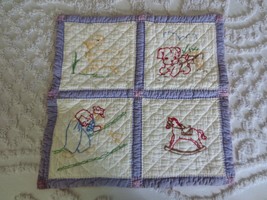 Vtg. CHILD&#39;s EMBROIDERED Cotton DOLL QUILT or TABLE TOPPER - 17&quot; x 17&quot; - $18.00
