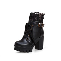 Spring Winter Women&#39;s Ankle Boots Plus Size 34-43 Black 10cm High Heels Platform - £59.16 GBP