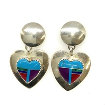 Vintage Signed Sterling Native American Navajo Inlaid Multi Stone Heart Earrings - £59.71 GBP