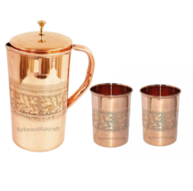 Copper Water Pitcher Jug Flower Embossed Water Drinking Tumbler Cup Heal... - $28.88+