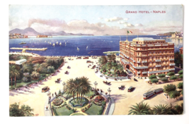 Naples Italy Grand Hotel Tram Cars Panorama Ocean View Vintage PC - $8.50