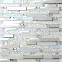 Glass Metal Linear Mosaic Wall Tile Iridescent White Silver Backsplash S... - £145.54 GBP